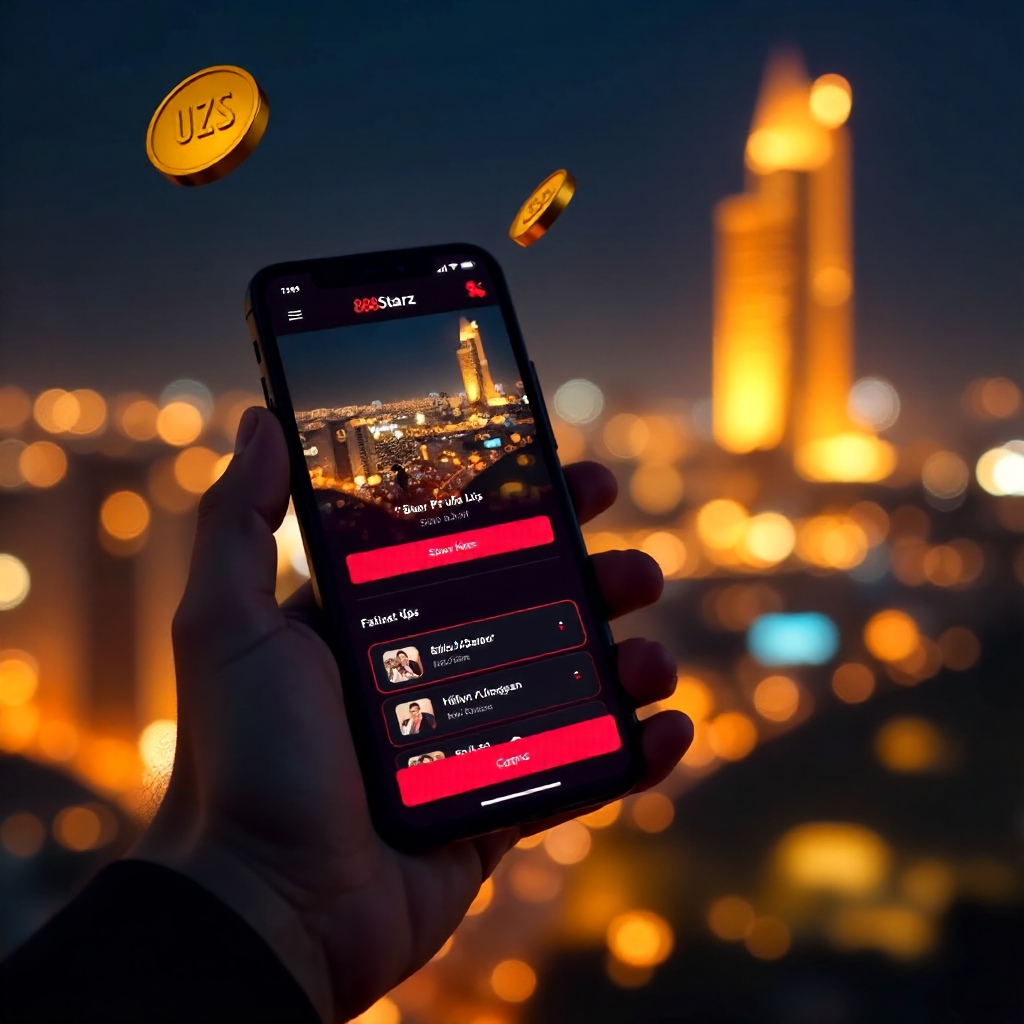A hand holding a luxury smartphone displaying the official 888starz Uzbekistan app with its signature red and black interface, background is the Tashkent City skyline and Hilton tower at night with vibrant golden bokeh lights, 3D golden coins with UZS sym